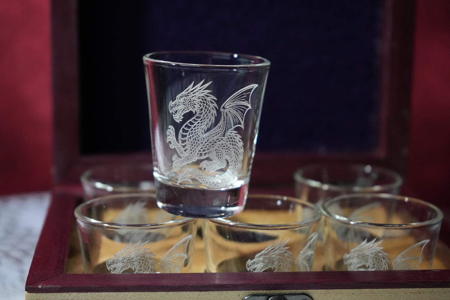 Dragon Engraved Shot Glasses, Set of 6 in Case