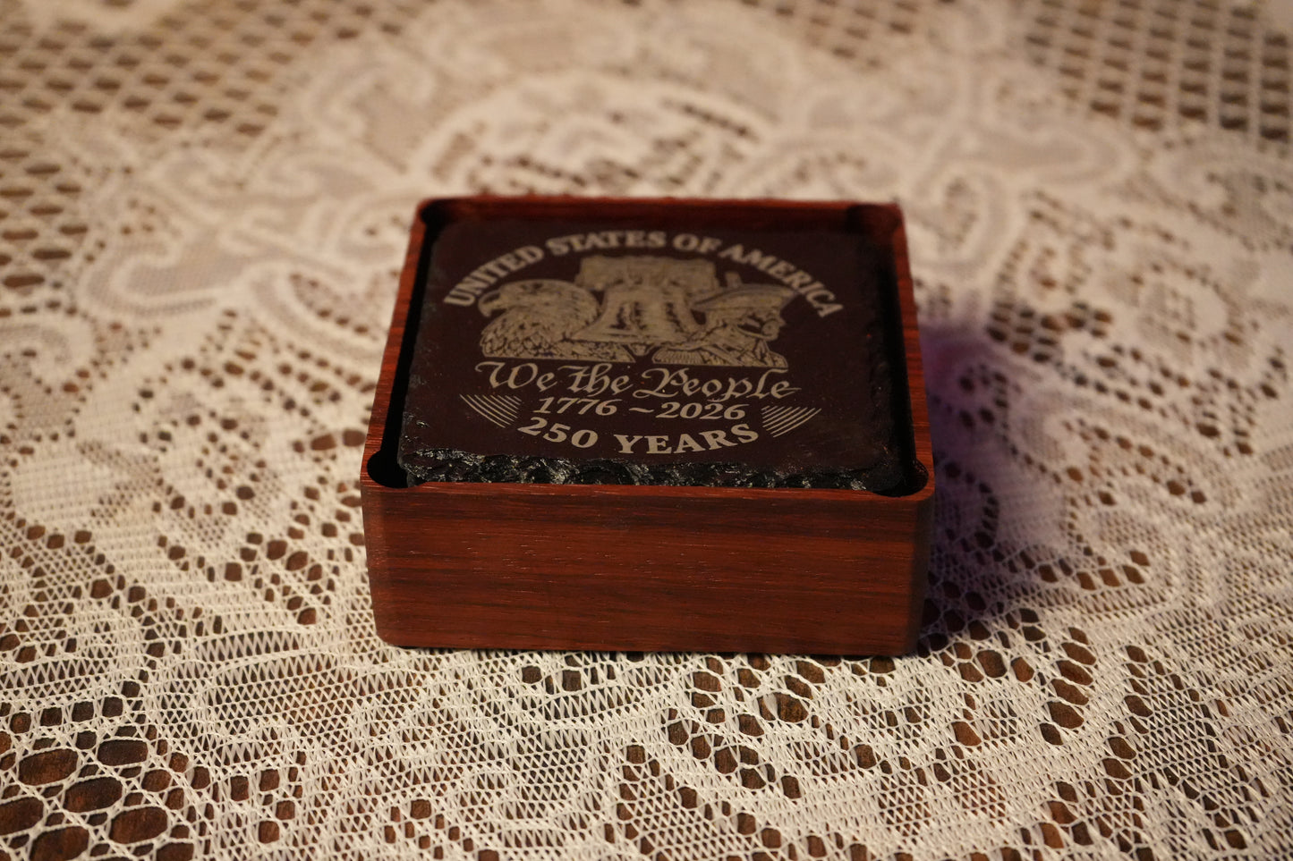 America250 Slate Coaster with Holder close view 