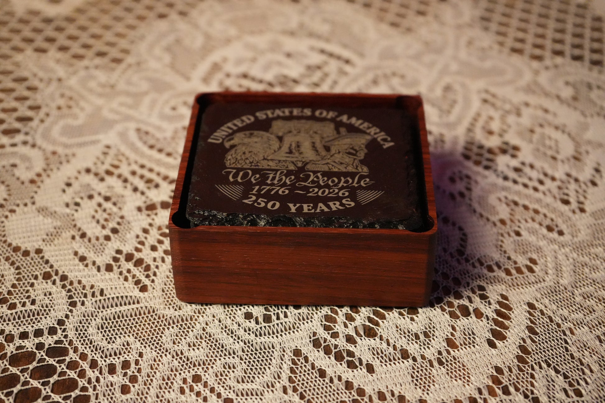America250 Slate Coaster with Holder close view 