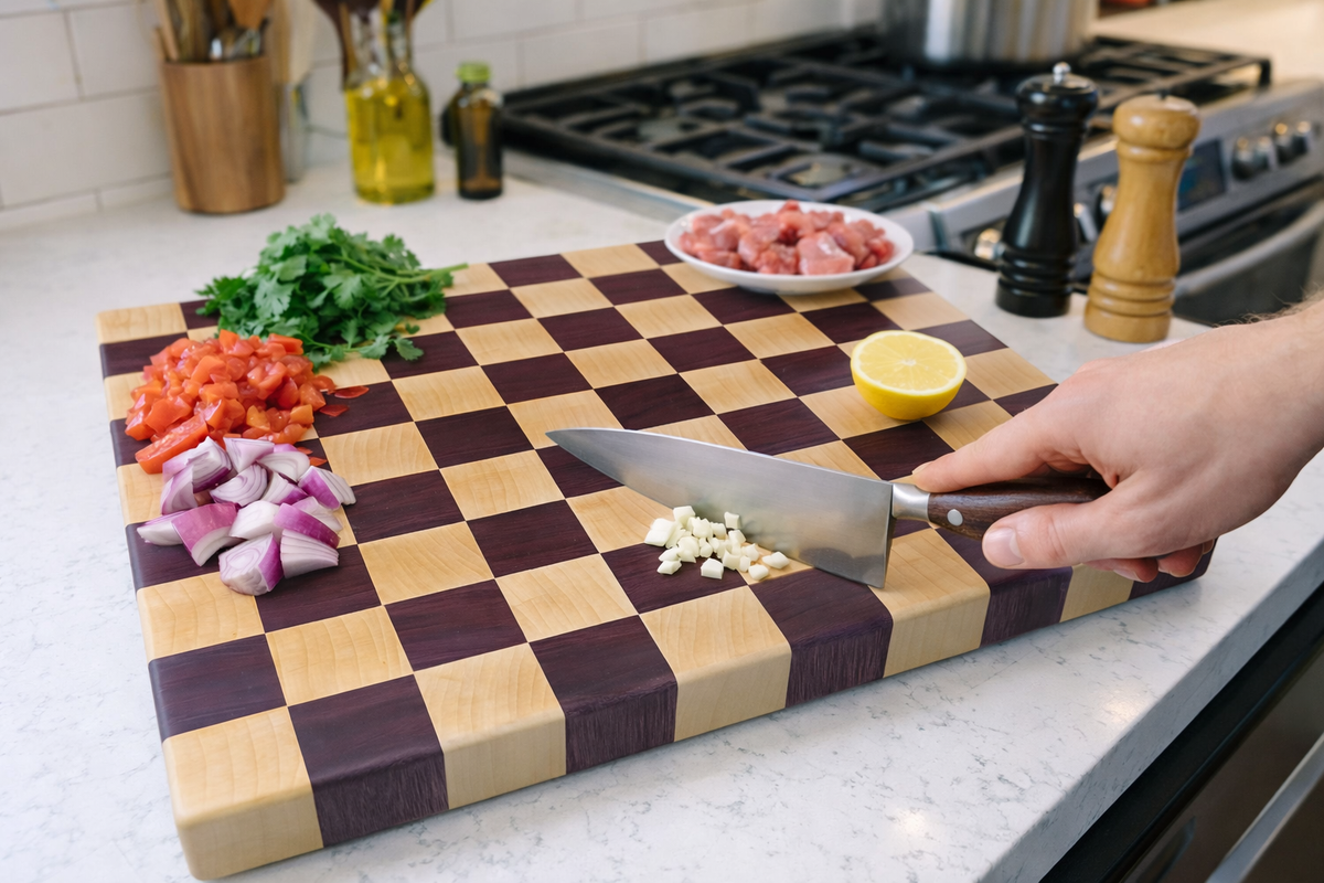 Handcrafted end grain cutting board in Purpleheart and Maple, durable butcher‑block style with rich purple and light maple contrast