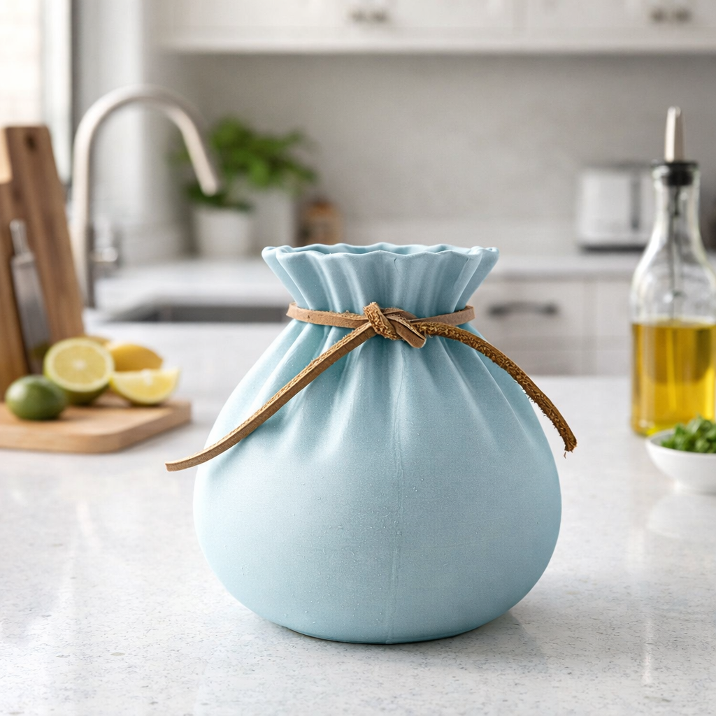 Light blue matte drawstring vase on a kitchen countertop beside lemons, limes, olive oil, and fresh herbs, with a modern sink in the background.
