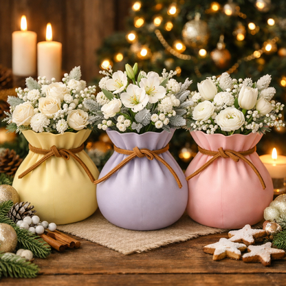 Three pastel drawstring vases in yellow, lavender, and pink filled with white winter flowers and frosted greenery, arranged on a wooden surface with candles, pinecones, and a glowing Christmas tree in the background
