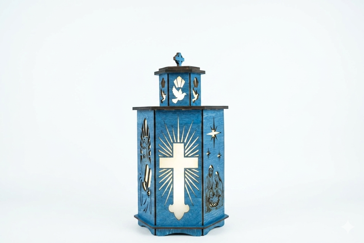 Blue wooden religious tea light lantern featuring a glowing laser-cut Christian cross, Holy Spirit dove, and Nativity scene.