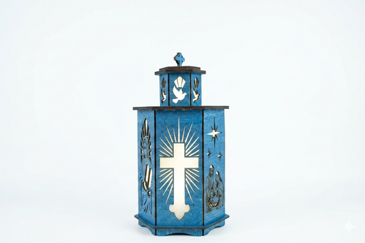 Blue wooden religious tea light lantern featuring a glowing laser-cut Christian cross, Holy Spirit dove, and Nativity scene.