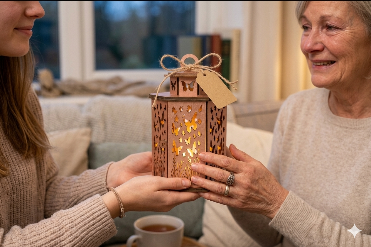 A young woman gifting a glowing wooden butterfly lantern to a smiling elderly woman, featuring a blank brown kraft gift tag tied with twine, in a warm and cozy indoor setting.