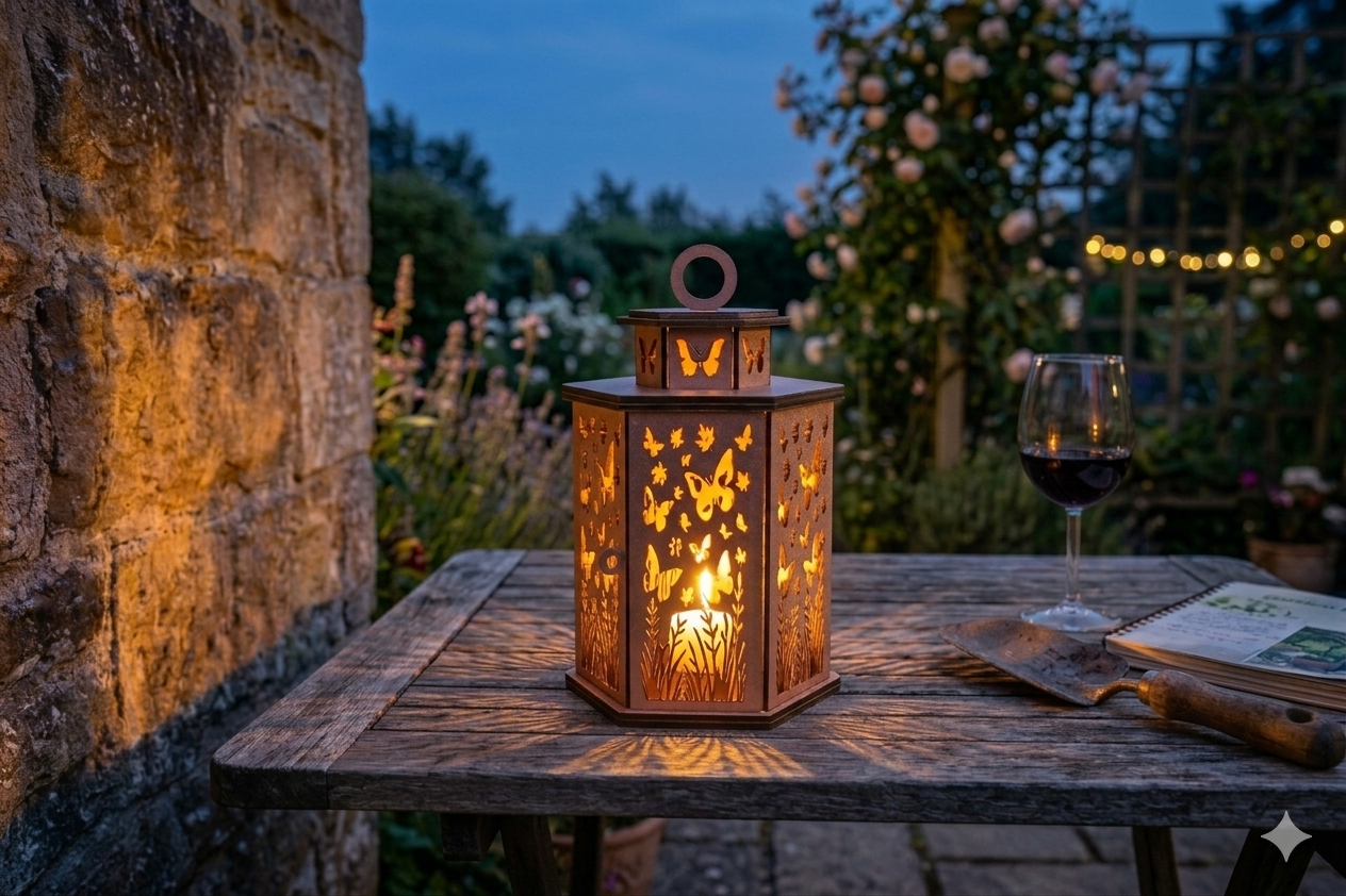A handcrafted wooden butterfly lantern glowing with warm candlelight on a rustic patio table at dusk, next to a glass of red wine, a garden trowel, and an open journal in a cozy backyard garden setting.