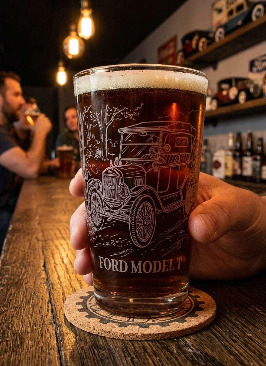 Hand holding a 16 oz Ford Model T engraved beer pint glass filled with dark beer at a rustic bar.
