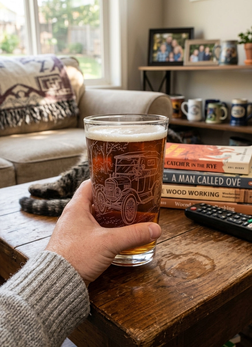 Hand holding a 16 oz Ford Model T engraved beer pint glass filled with amber beer, in a living room setting.