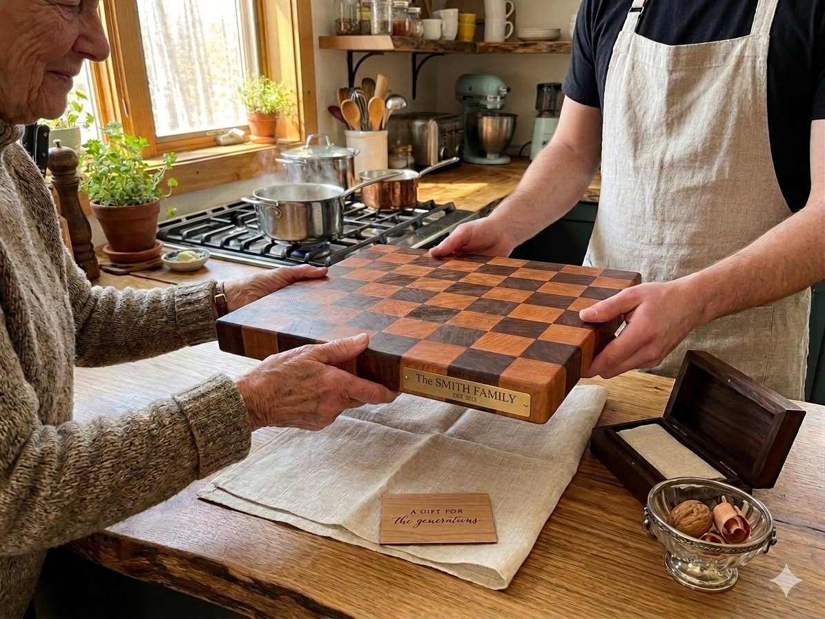 A young man in an apron receiving a personalized black walnut and cherry end grain cutting board as a gift from an older woman, featuring a custom brass nameplate that reads "The Smith Family."