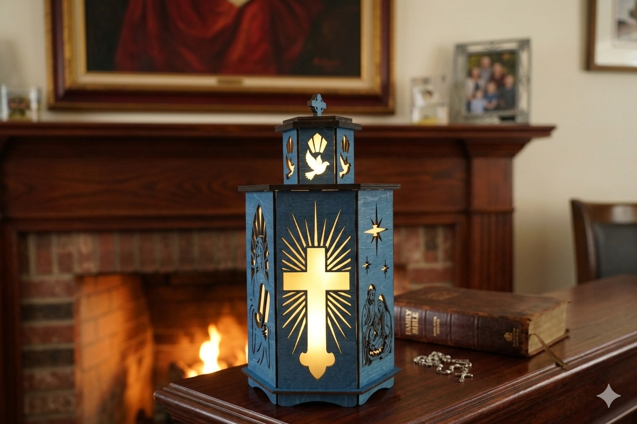A detailed blue wooden lantern, intricately carved with religious symbols, including a prominent cross with sunburst details, stars, and a Nativity scene, glows with warm internal light on a mantlepiece. The top features four flying doves. The lantern is positioned on a dark wood surface, alongside a worn Family Bible and a string of rosary beads. In the background, a cozy room with a brick fireplace, a crackling fire, a large painting, and family photos adds warmth.