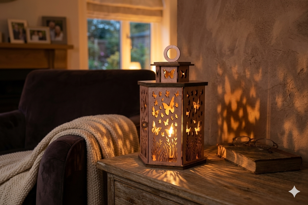 A glowing wooden butterfly lantern casting warm light and butterfly-shaped shadows onto an armchair blanket and textured wall, sitting on a rustic side table next to a vintage book and reading glasses in a cozy living room.