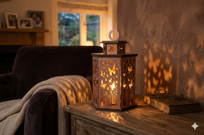A glowing wooden butterfly lantern casting warm light and butterfly-shaped shadows onto an armchair blanket and textured wall, sitting on a rustic side table next to a vintage book and reading glasses in a cozy living room.