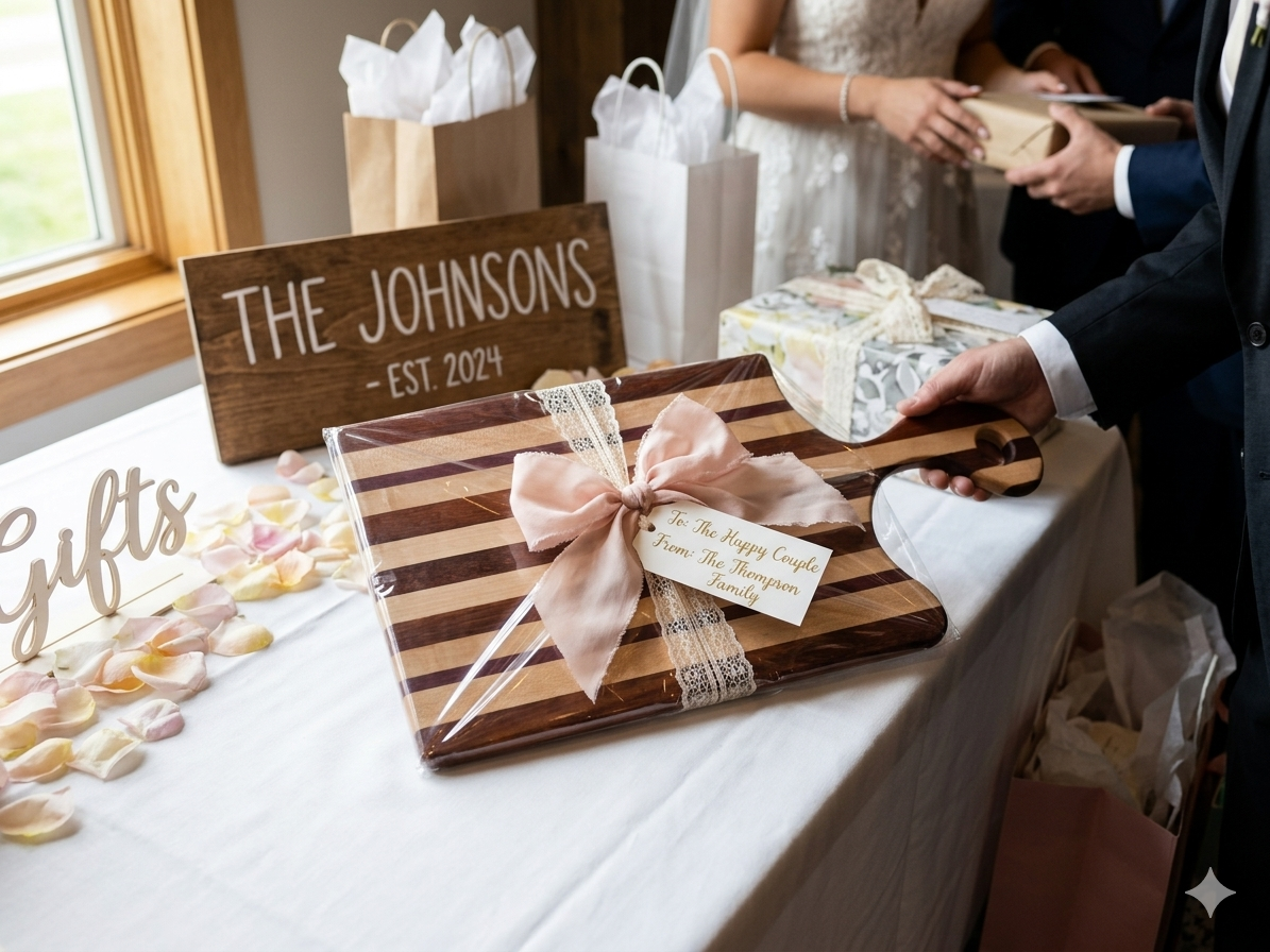 A handcrafted striped wood charcuterie board wrapped in a pink ribbon and lace bow with a gift tag, displayed on a wedding reception gift table with a bride and groom in the background.