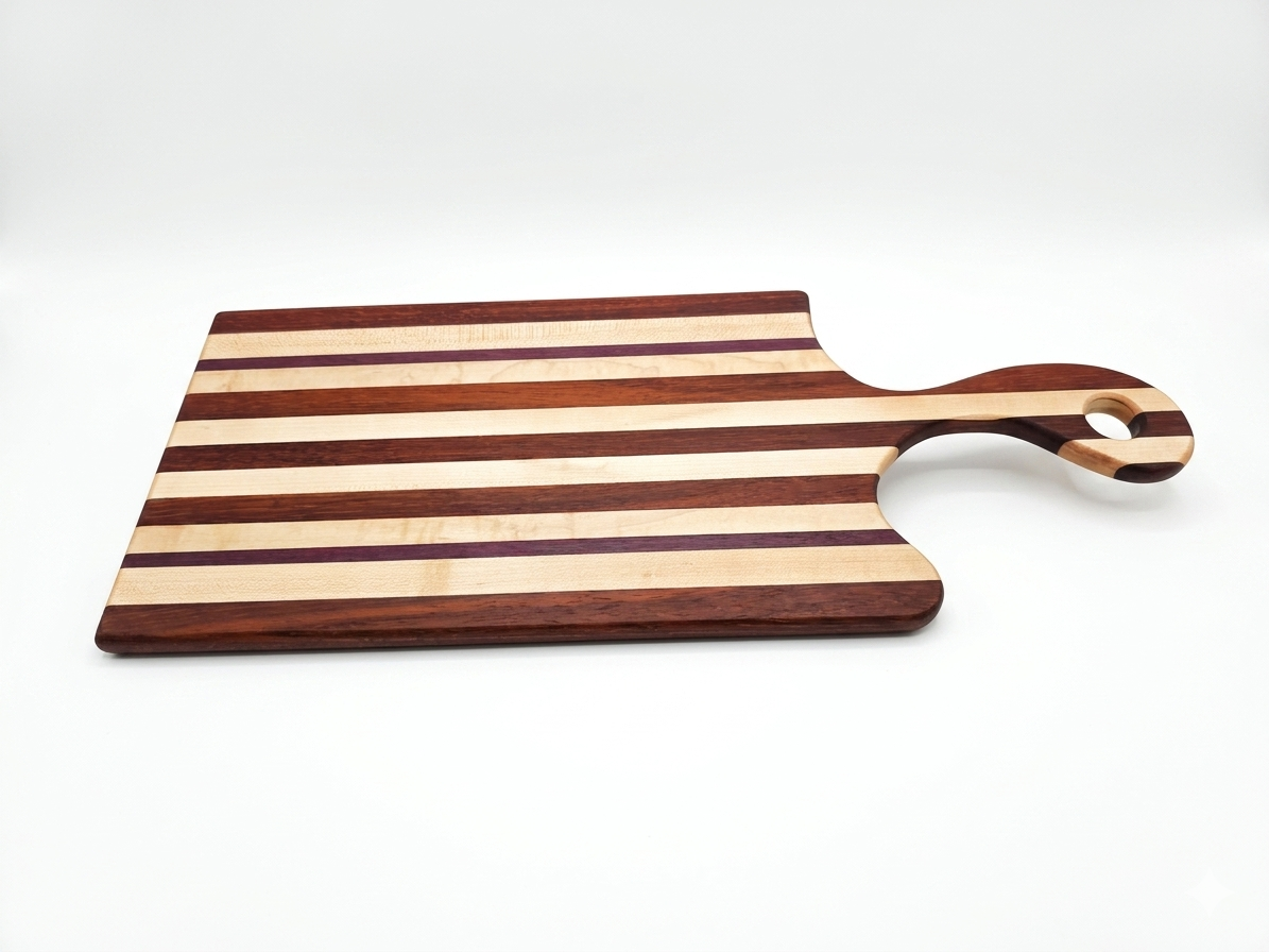 Handcrafted striped wood charcuterie board with ergonomic handle, custom made from premium maple, reddish padauk, and purpleheart hardwood accent strips on a clean white background.