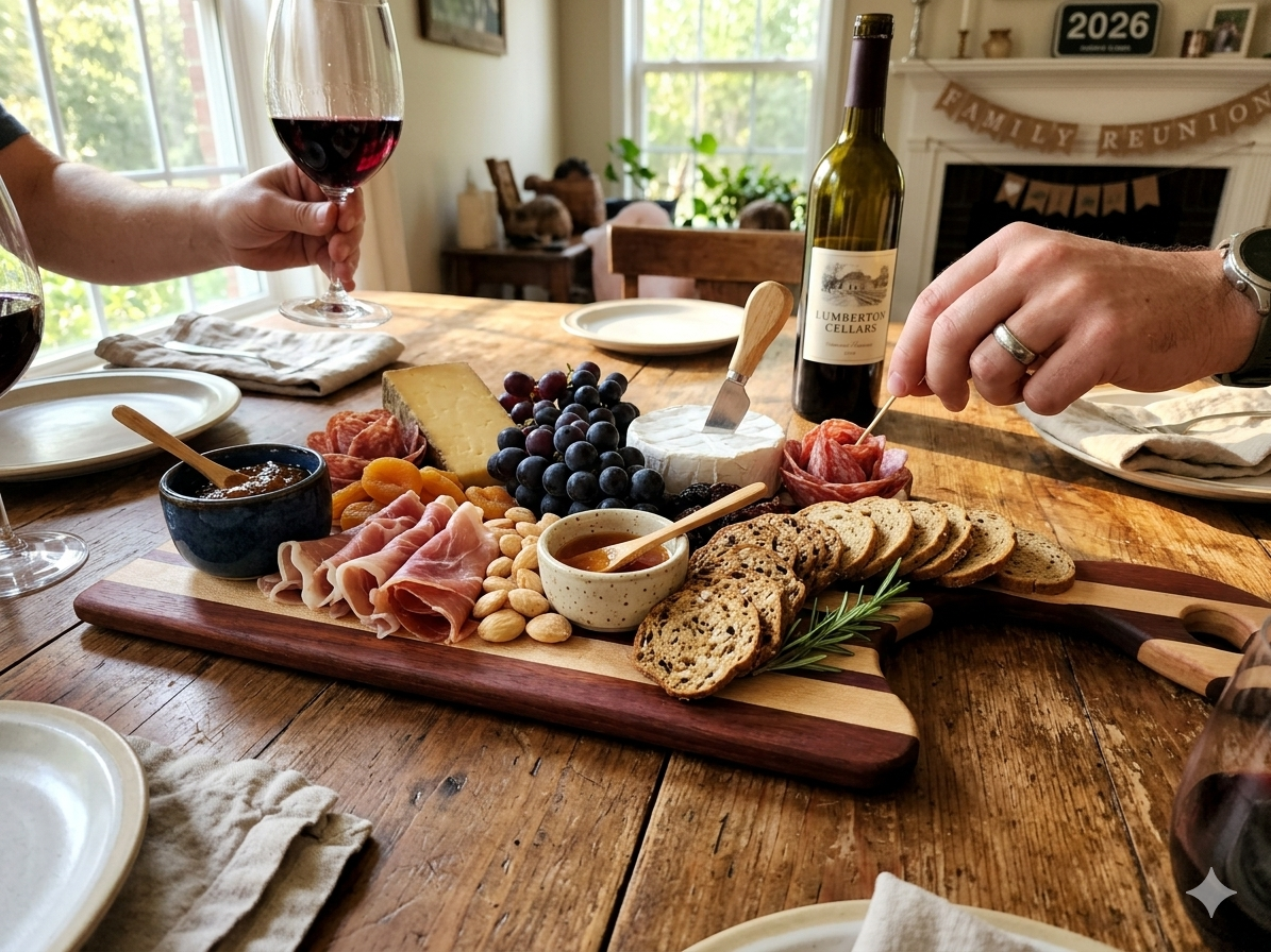 A handcrafted striped wood charcuterie board styled with cured meats, cheeses, grapes, crackers, and honey bowls, being shared by a family at a dining table with a bottle of red wine.