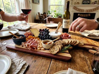 A handcrafted striped wood charcuterie board styled with cured meats, cheeses, grapes, crackers, and honey bowls, being shared by a family at a dining table with a bottle of red wine.