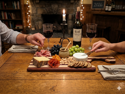 An intimate, candlelit dining setting featuring two people sharing a meat and cheese spread served on a handcrafted, striped wood charcuterie board, with wine glasses, a bottle of red wine, and a cozy stone fireplace in the background.
