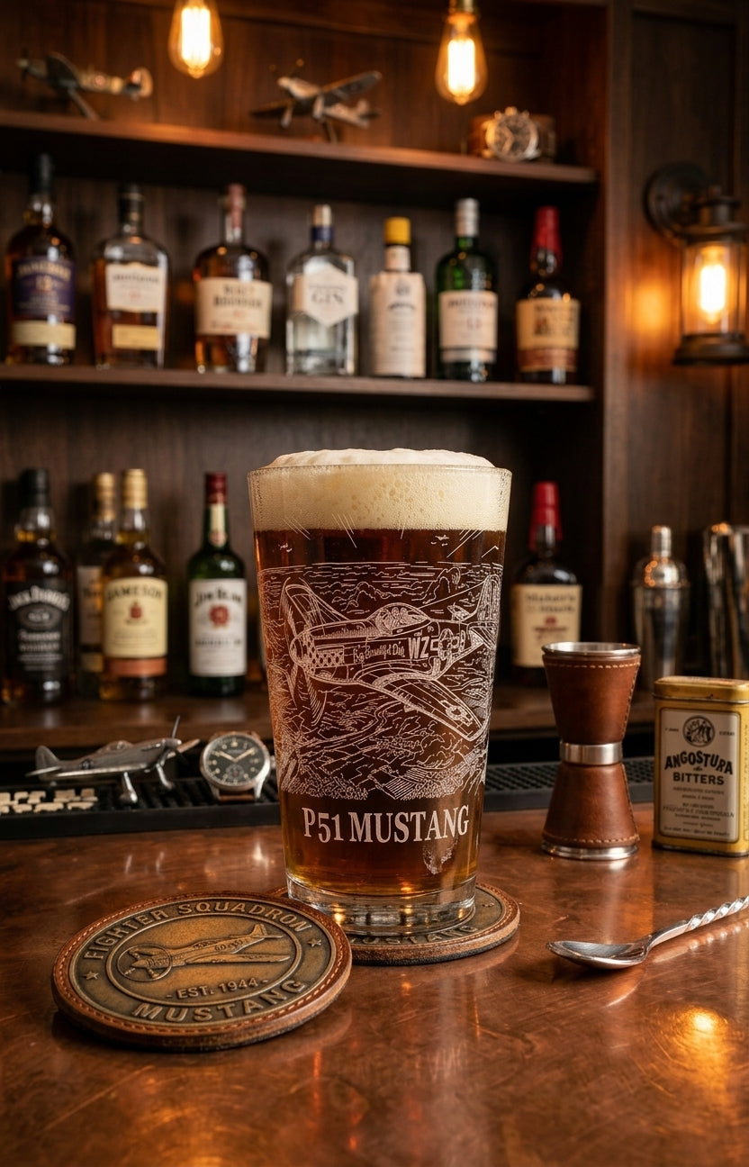 Engraved 16 oz pint glass featuring the P‑51 Mustang WWII fighter plane on a wooden bar counter.