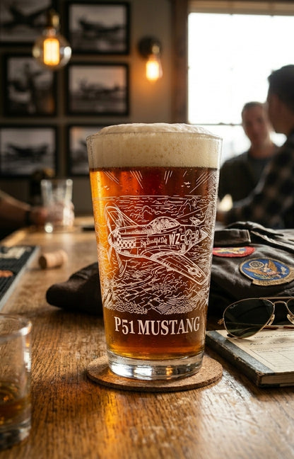 Engraved 16 oz pint glass featuring the P‑51 Mustang WWII fighter plane on a wooden bar counter, perfect gift for aviation history buffs