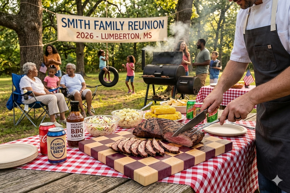 A chef slicing a grilled brisket on a checkered purpleheart and maple end grain wood cutting board at a lively outdoor family reunion BBQ with a banner that reads "Smith Family Reunion 2026."