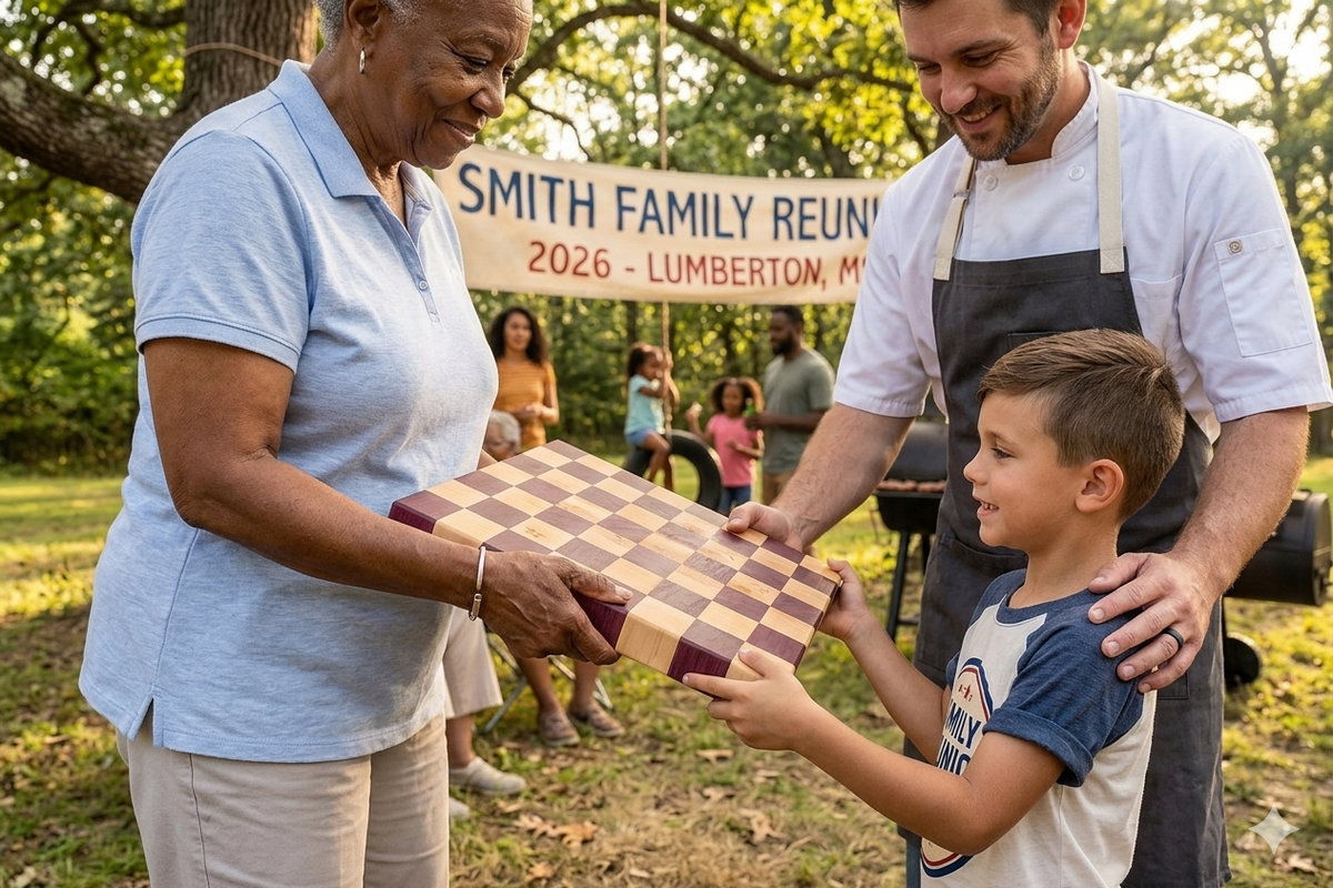 An older woman smiling as she passes down a handmade purpleheart and maple checkered end grain cutting board to a grandson at an outdoor family reunion, with a background banner reading "Smith Family Reunion 2026."