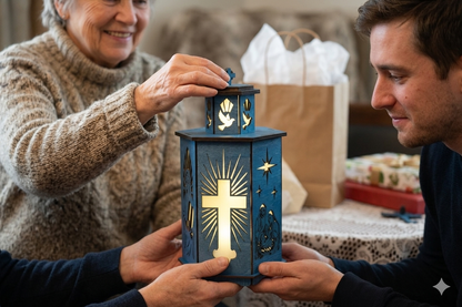 An elderly woman smiling as she receives a glowing blue wooden Christian lantern with a laser-cut cross and nativity scene as a gift from a young man.