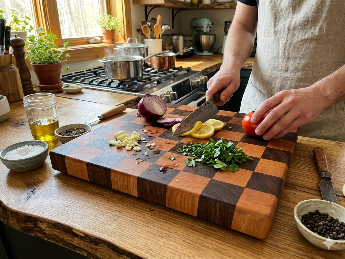 2-inch thick handmade end grain wood cutting board featuring a precise black walnut and cherry checkered butcher block pattern, displayed in a farmhouse kitchen.