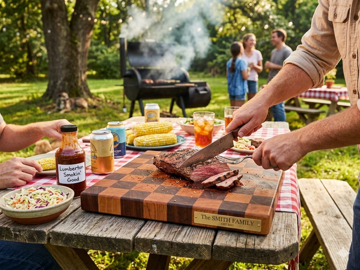 2-inch thick handmade end grain wood cutting board featuring a precise black walnut and cherry checkered butcher block pattern, displayed at a family reunion BBQ